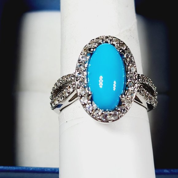 Natural Arizona Sleeping Beauty Turquoise/White Zircon ring in Plat/925SS 5.64ct - Picture 4 of 6
